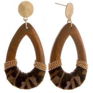 Wooden Drop Earrings w/ Leopard Print Fabric NWT